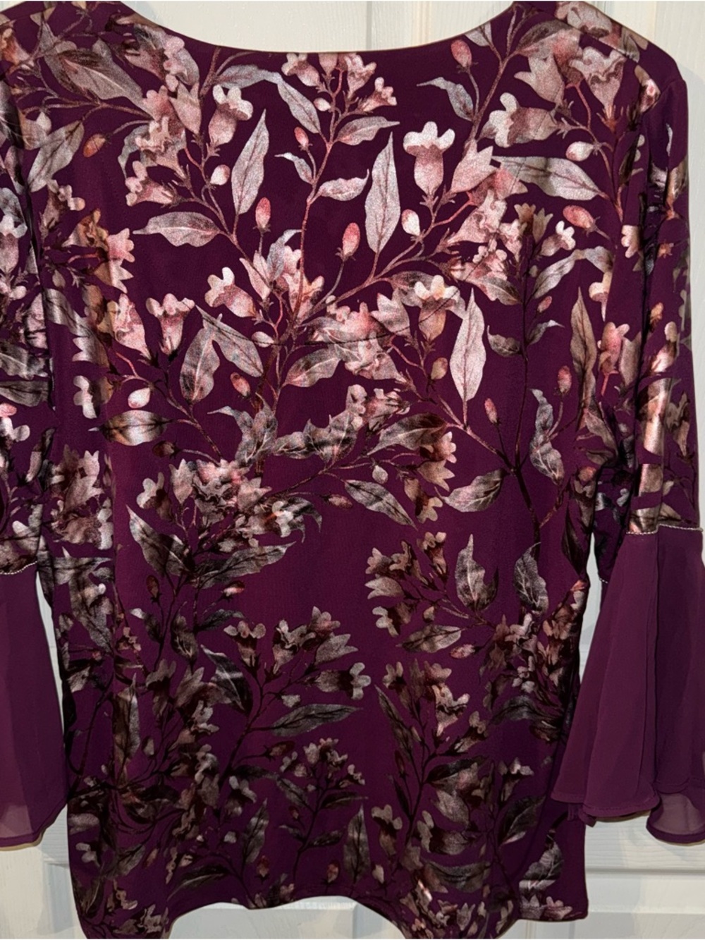 JM Collection Plum Floral Keyhole Blouse with Silver Accent - Picture 4 of 4